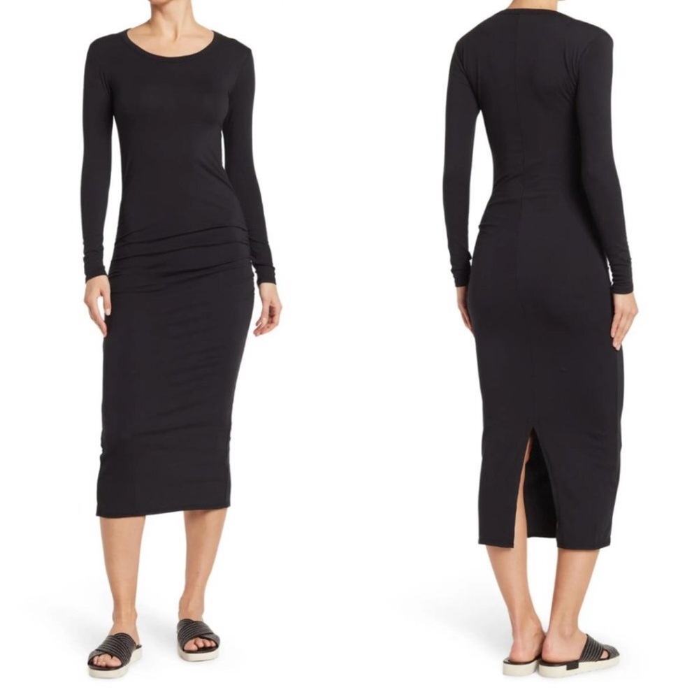 NWT JAMES PERSE Long Sleeve Black Cotton Ruched Midi Dress